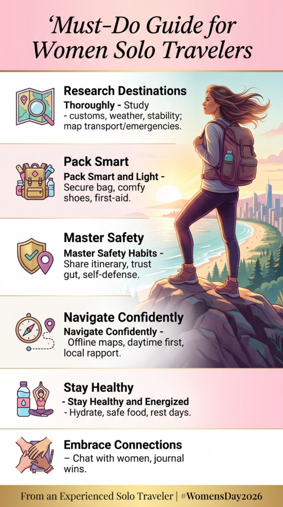 Infographic of a must do tips for solo women travellers